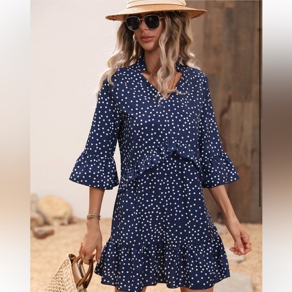 SHEIN Dresses & Skirts - SHEIN Navy/White Polka Dot Print Flounce Sleeve Ruffle Hem Smock Dress